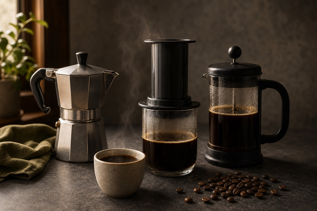 Moka pot, AeroPress, and French press for strong coffee